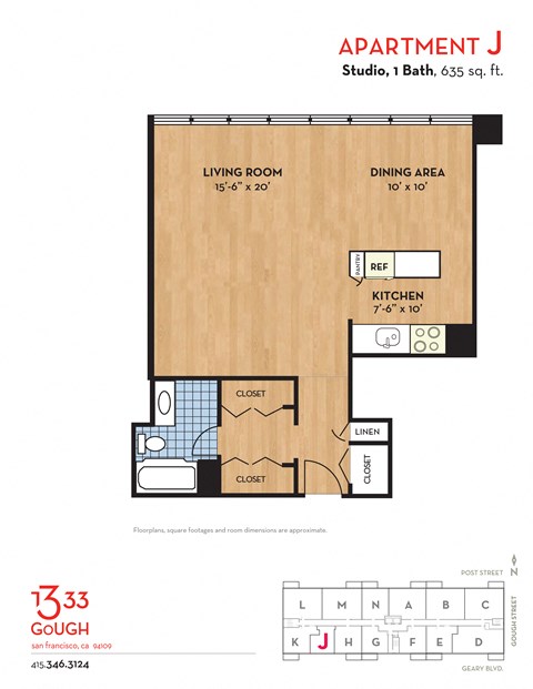 Floor plan for studio, 1 bath, 635 sqft